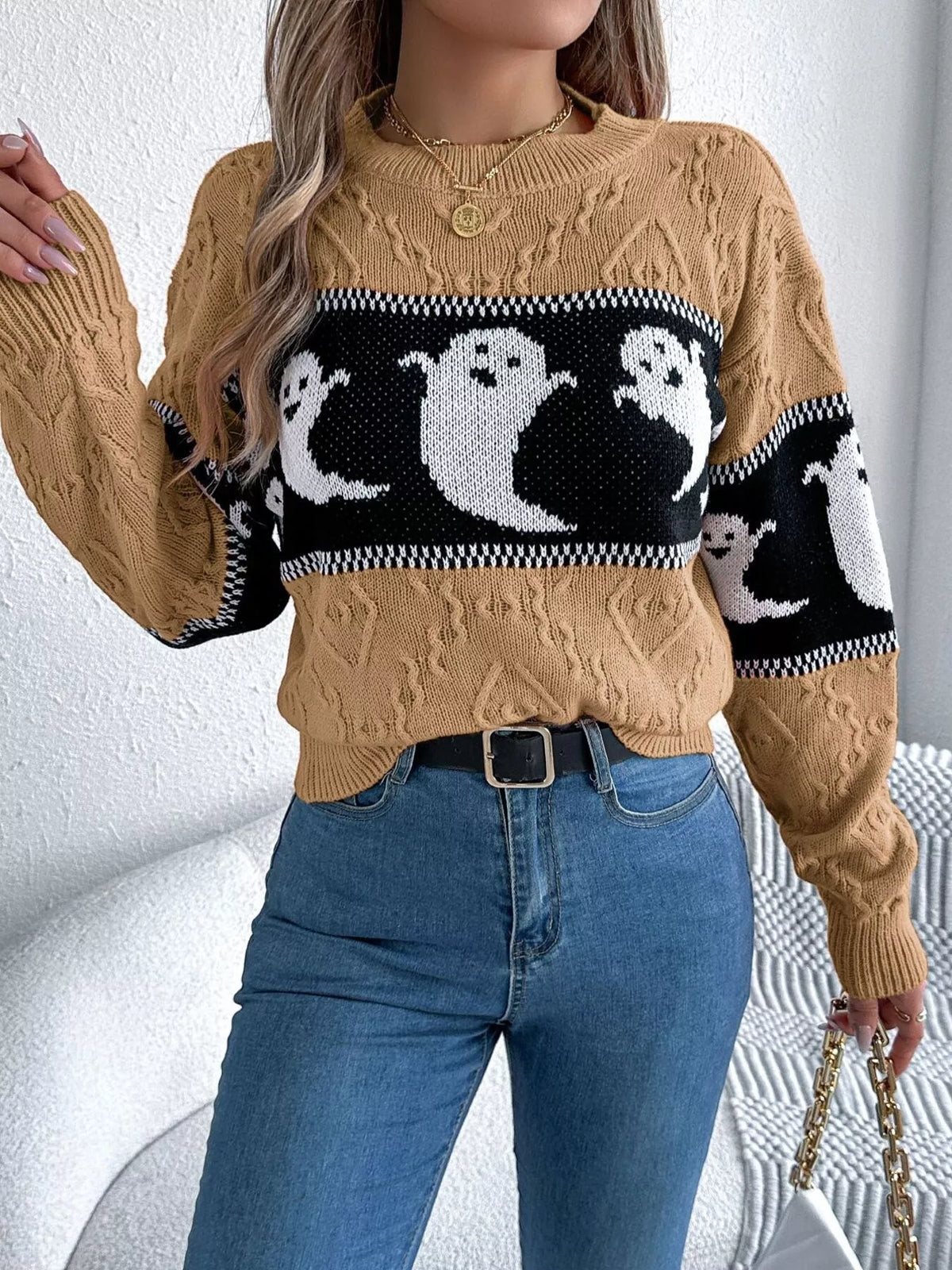 Halloween Ghost Pattern Textured Sweater - Gray - View 3
