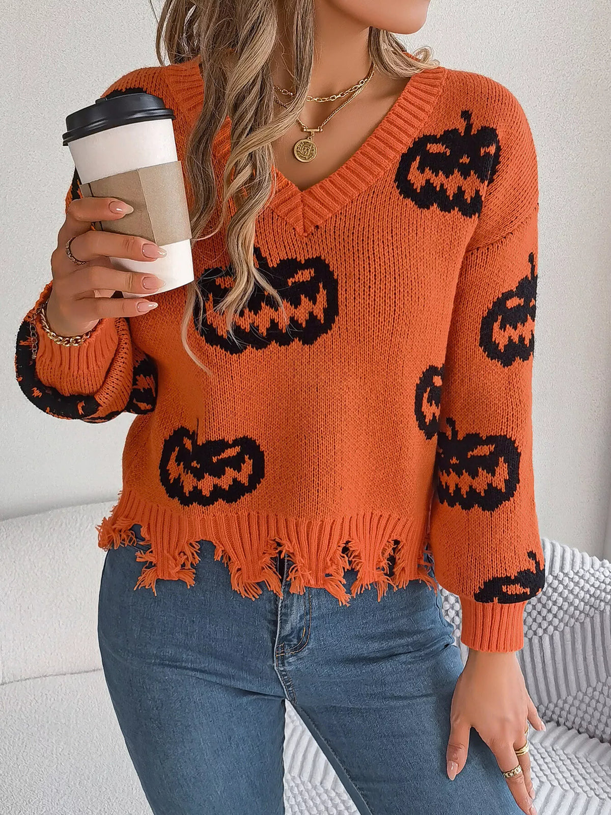 Pumpkin Distressed Hem Sweater - Orange - View 1
