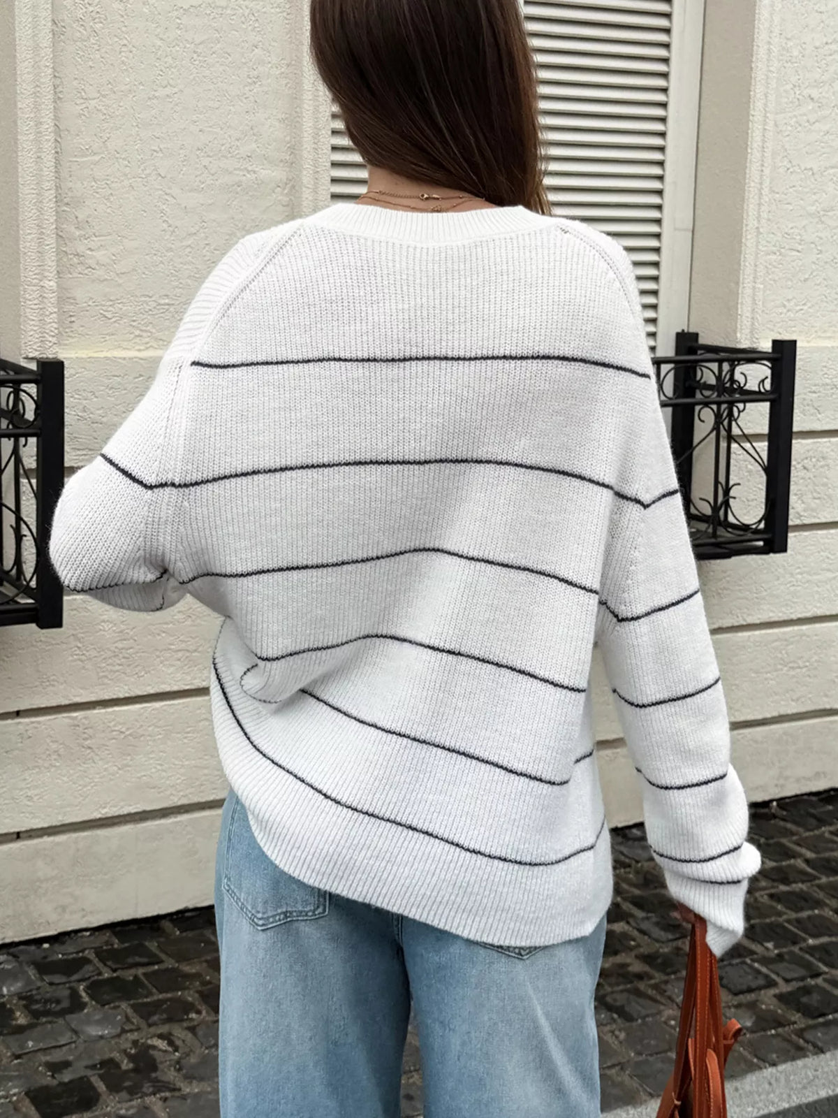 Striped Crew Neck Dropped Shoulder Sweater - White - View 4