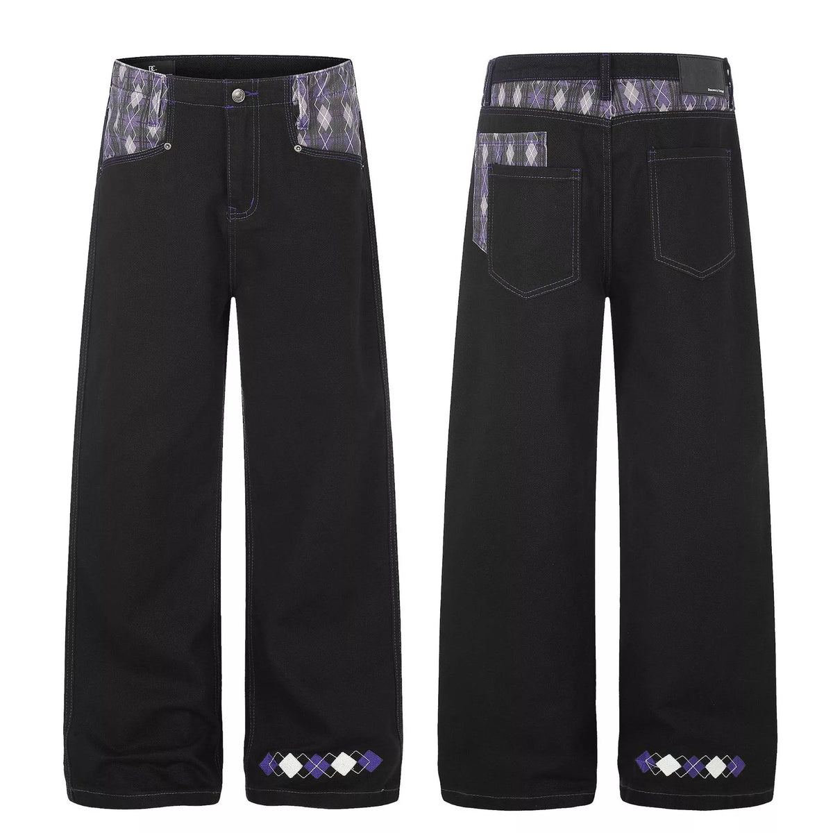 Men's High-Waisted Wide-Leg Jeans with Argyle Pattern Accents - Black - View 4