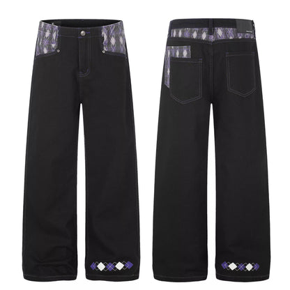 Men's High-Waisted Wide-Leg Jeans with Argyle Pattern Accents - Black - View 4