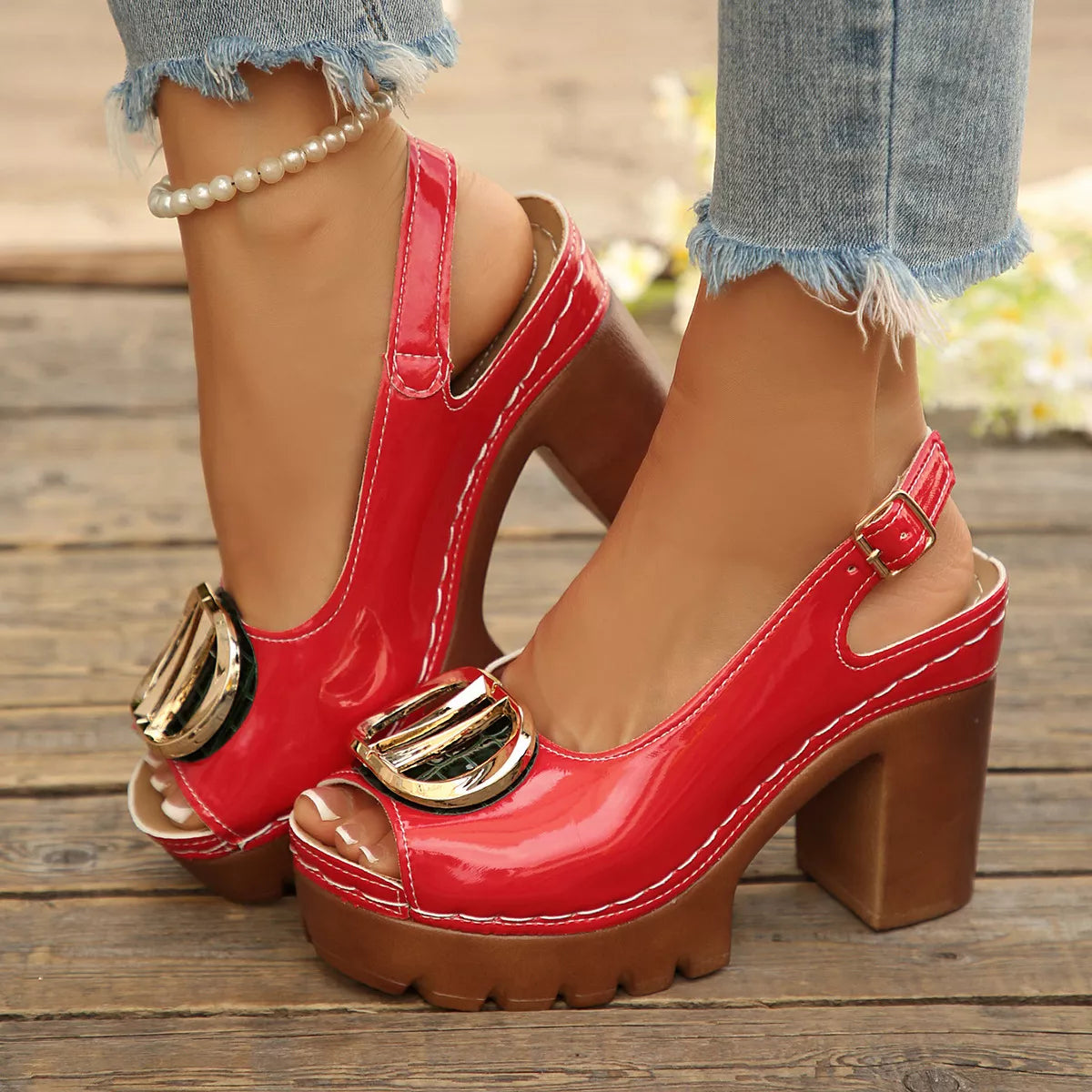 Open Toe Block Heels Sandals - Red - View 3