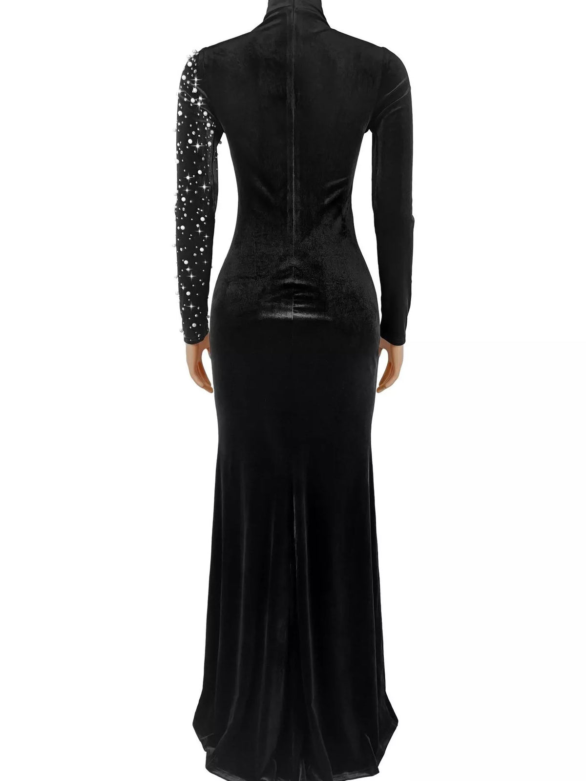 Rhinestone Embellished Velvet Mermaid Evening Maxi Dress - Black - View 5