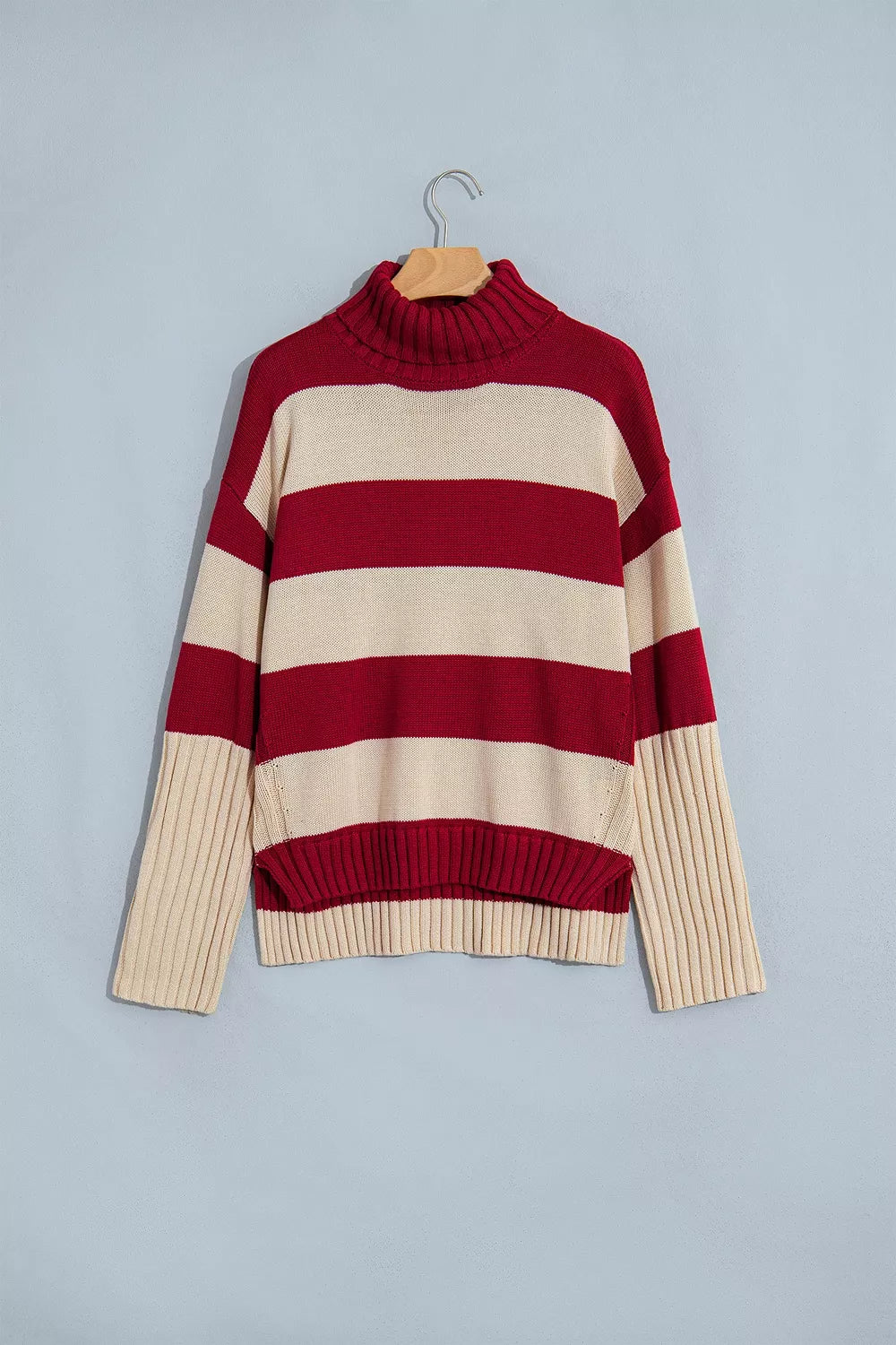 Stripe Ribbed Trim High Neck Relaxed Pullover Sweater - Burgundy - View 6