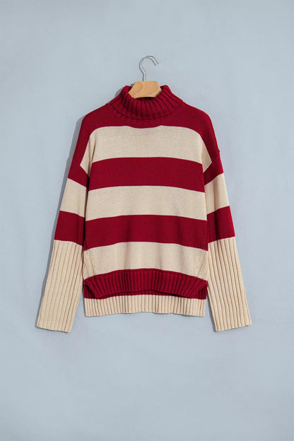 Stripe Ribbed Trim High Neck Relaxed Pullover Sweater - Burgundy - View 6