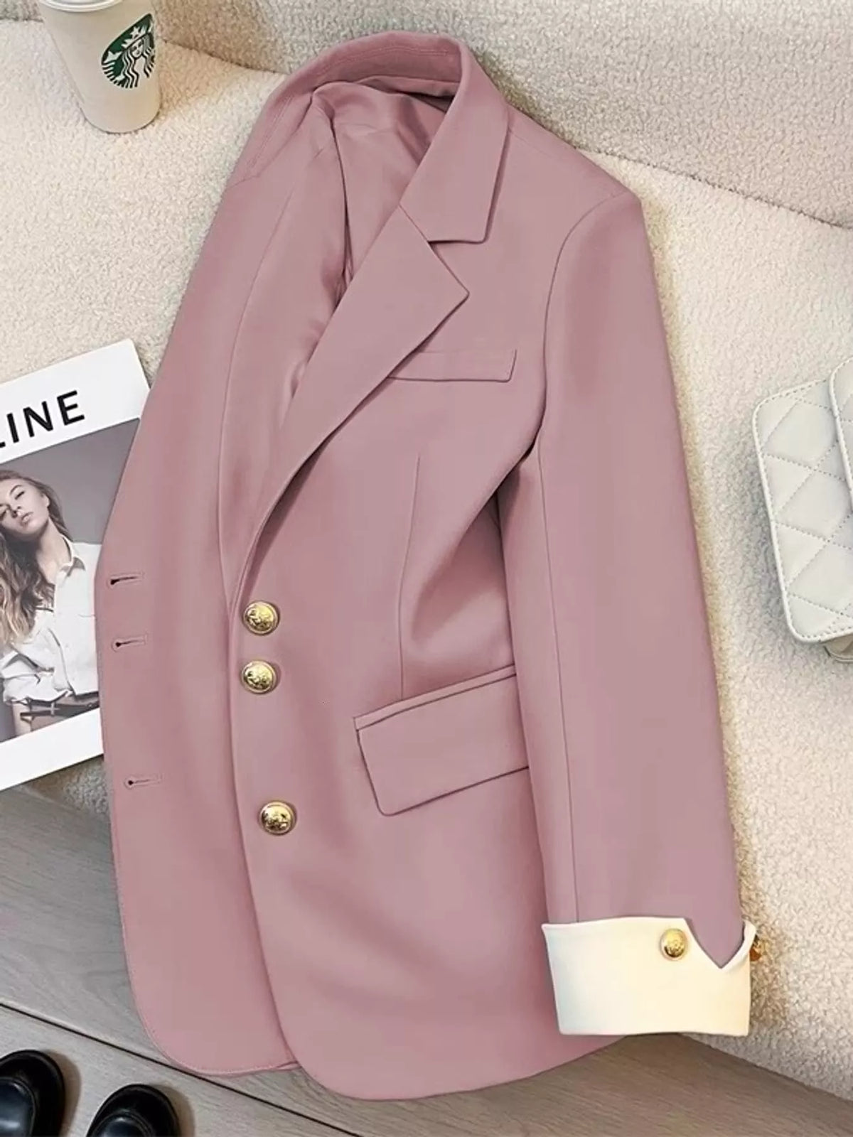 Full Size Single-Breasted Blazer with Gold Button Accents Plus Size - Pink - View 31