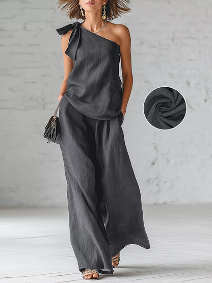 One-Shoulder Bow Tie Top and Wide-Leg Pants Casual Two-Piece Set - Gray - View 1