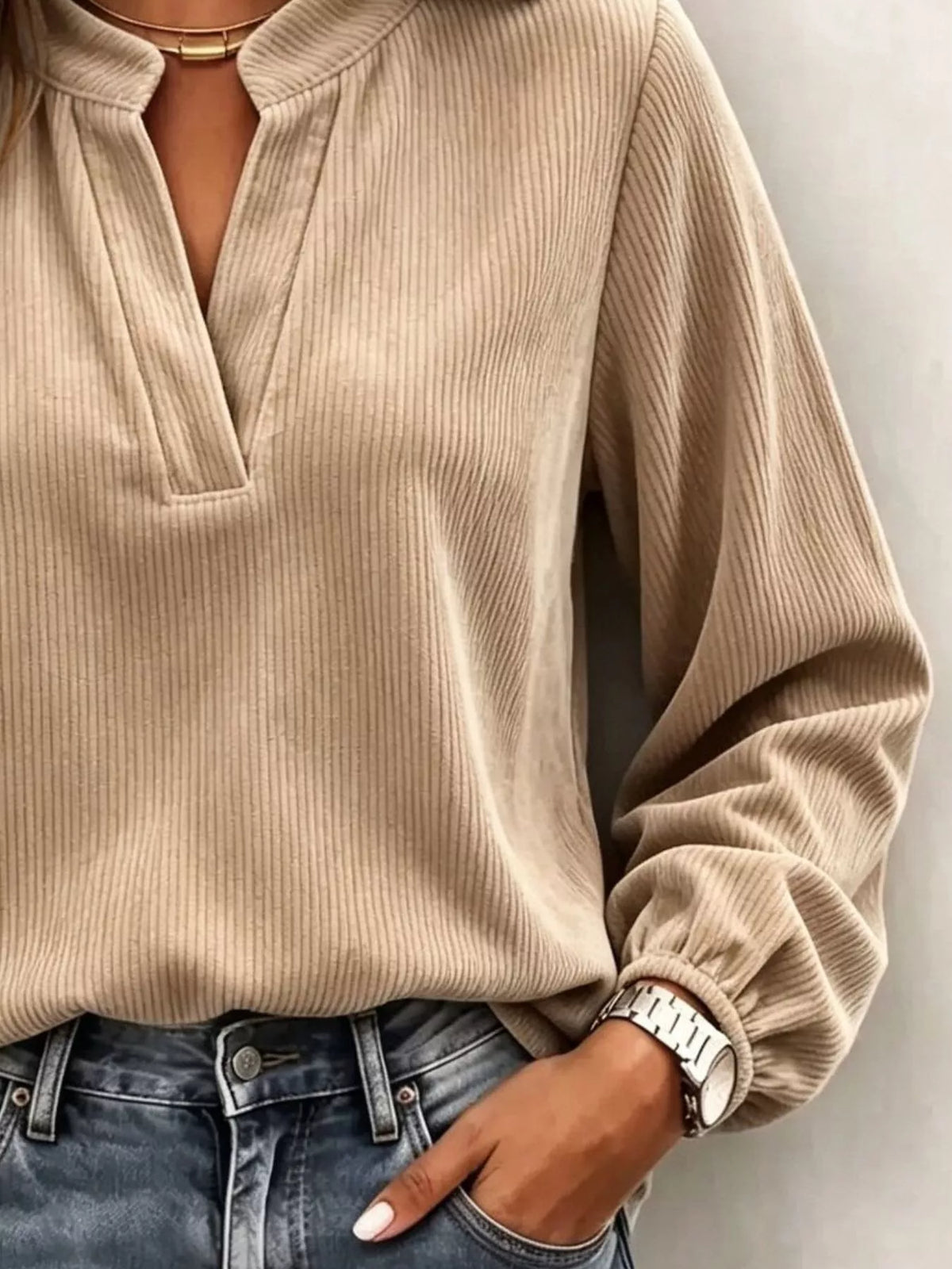 Full Size Corduroy Notched Long Sleeve Top Plus Size - Camel - View 3