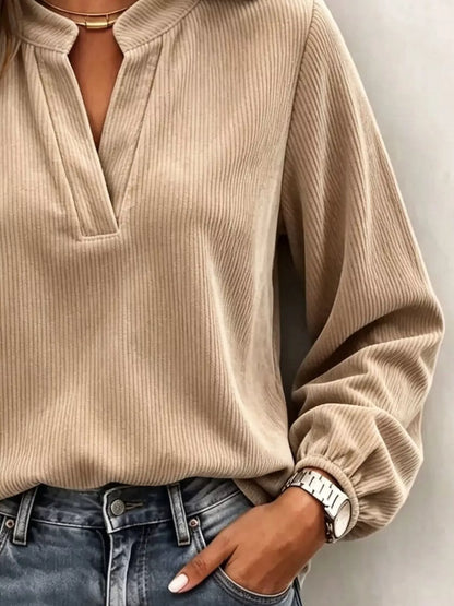Full Size Corduroy Notched Long Sleeve Top Plus Size - Camel - View 3