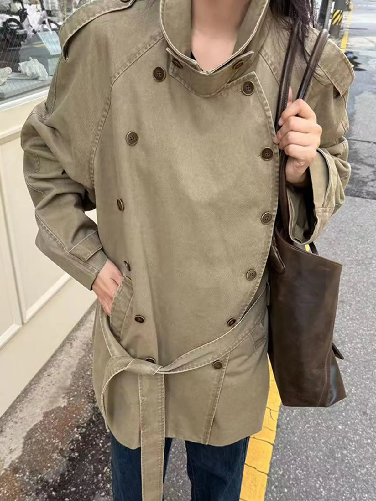 Vintage-Inspired Double-Breasted Belted Trench Outerwear - Camel - View 2