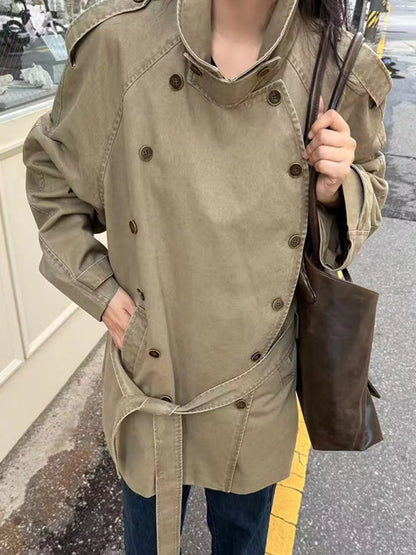 Vintage-Inspired Double-Breasted Belted Trench Outerwear - Camel - View 2