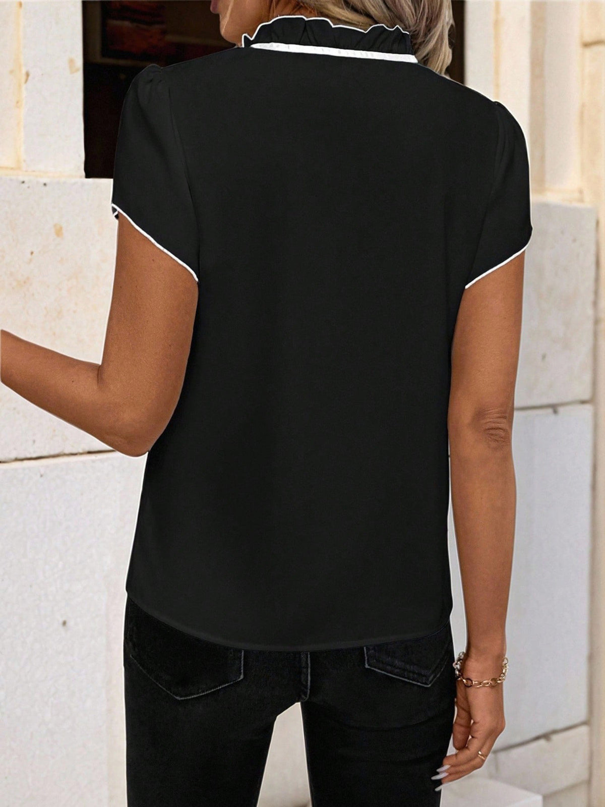 Tie Neck Short Sleeve Blouse - Black - View 17