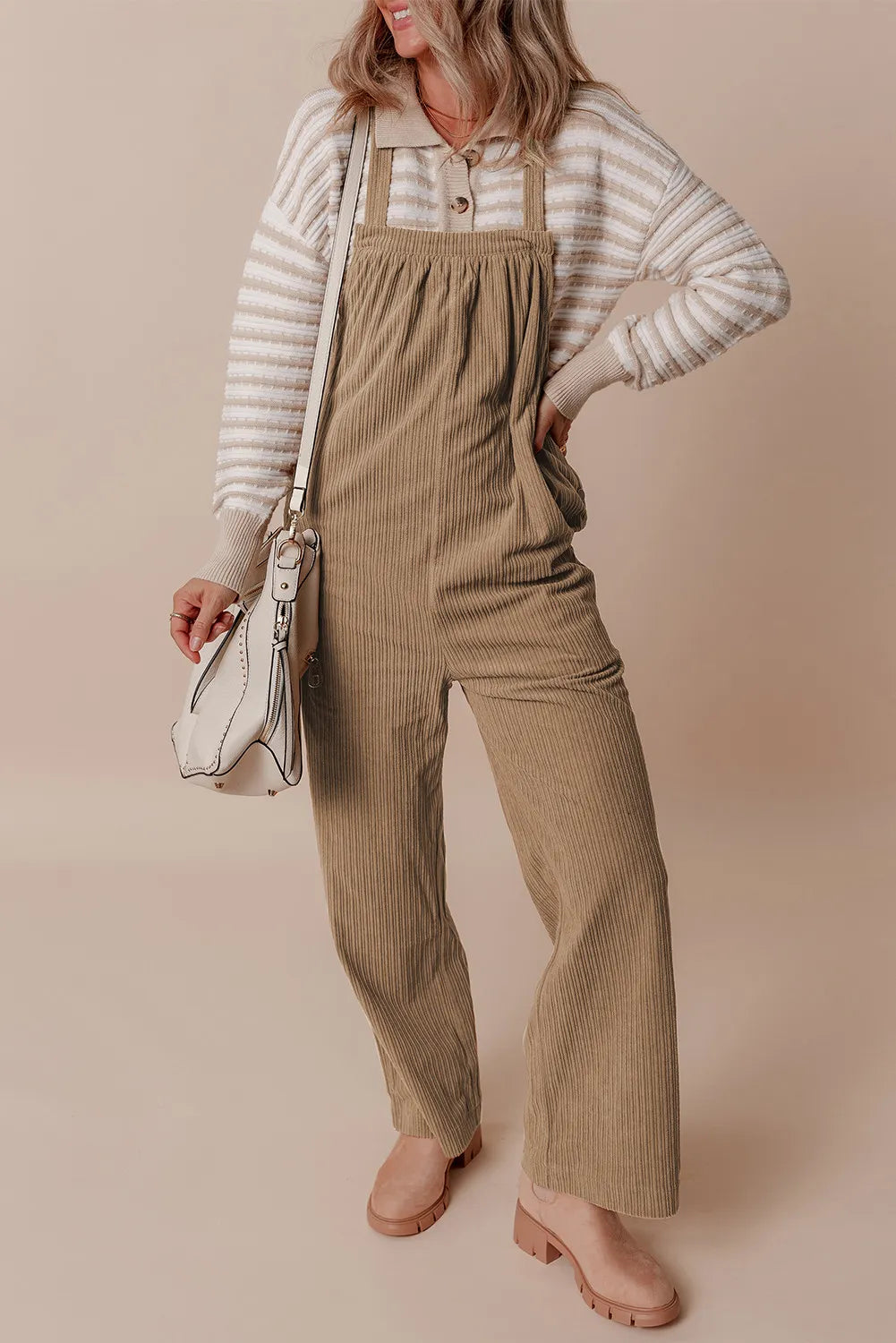 Square Neck Wide Strap Overalls - Camel - View 3