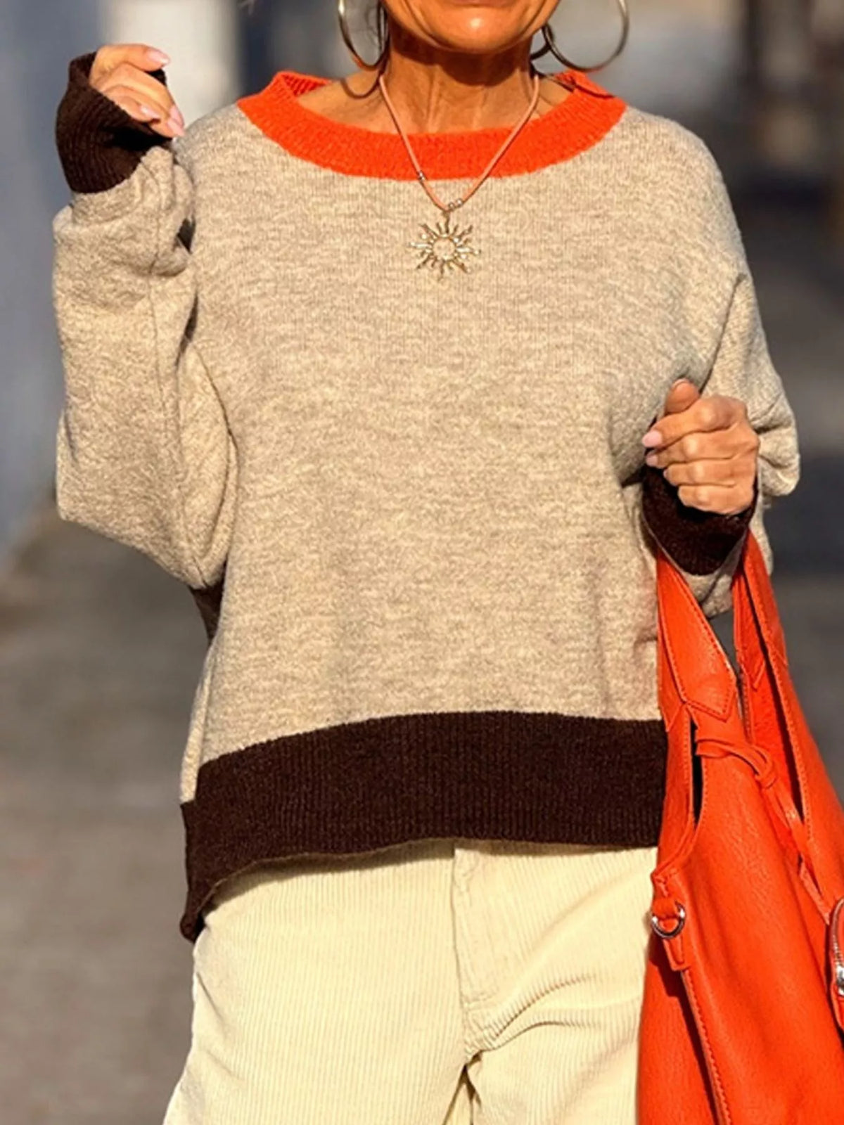 Contrast Trim Crew Neck Sweater - Orange - View 1