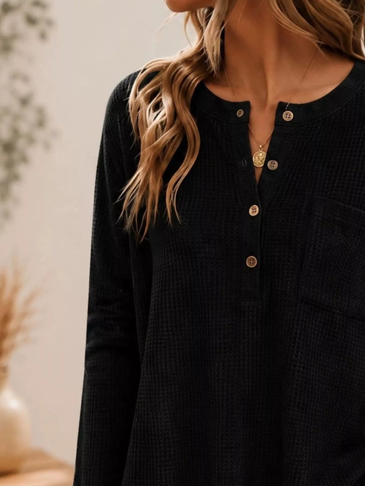 Waffle Knit Button Detail Top - Black - View 2