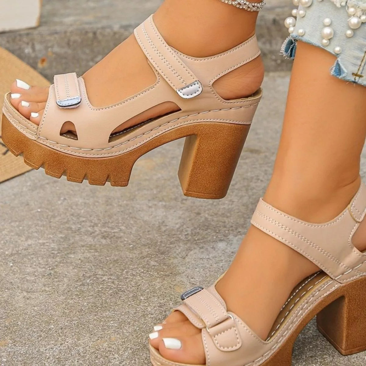 Open Toe Block Heels Sandals - Khaki - View 12
