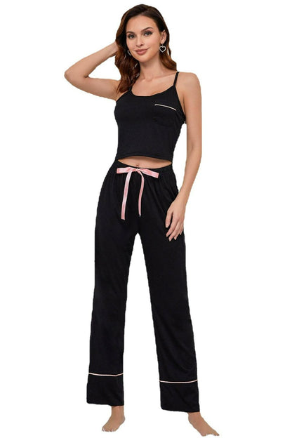 Contrast Trim Cropped Cami and Pants Loungewear Set - Black - View 3