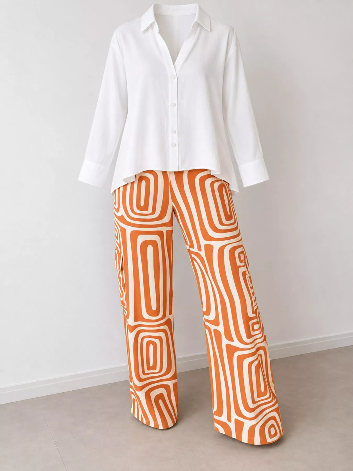 Full Size Chic Button-Down Shirt and Geometric Wide-Leg Pants Set Plus Size - Orange - Set - View 9
