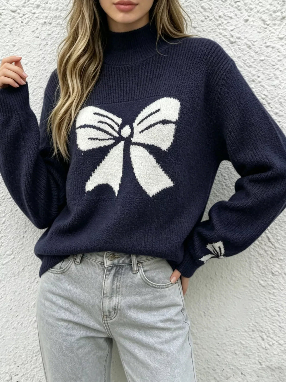 Bowknot Pattern Mock Neck Sweater - Blue - View 1