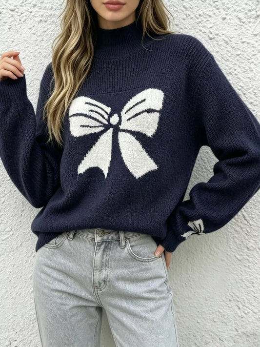 Bowknot Pattern Mock Neck Sweater - Blue - View 1