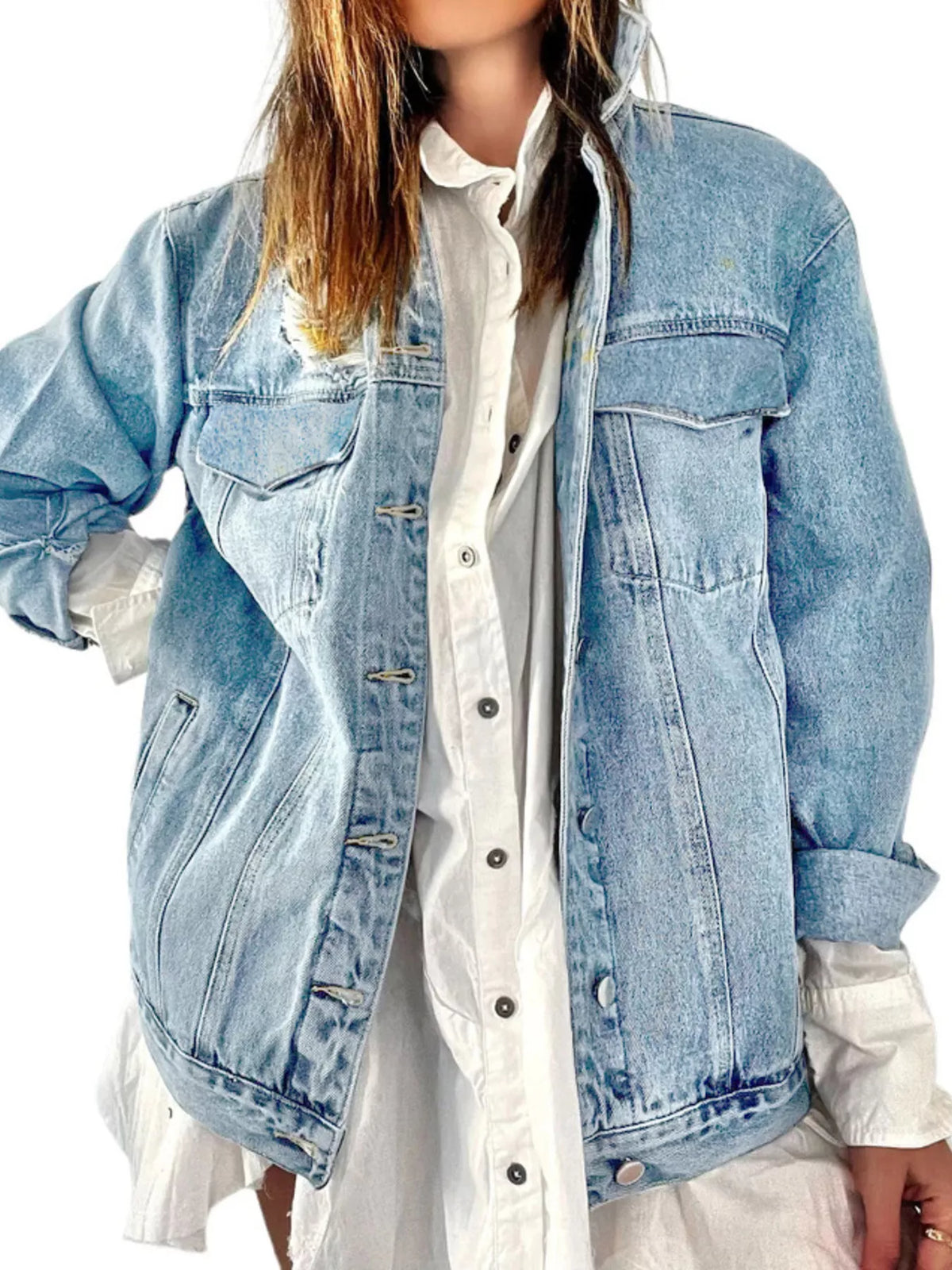 Full Size Heart and Umbrella Graphic Denim Jacket Plus Size - Light Blue - View 3