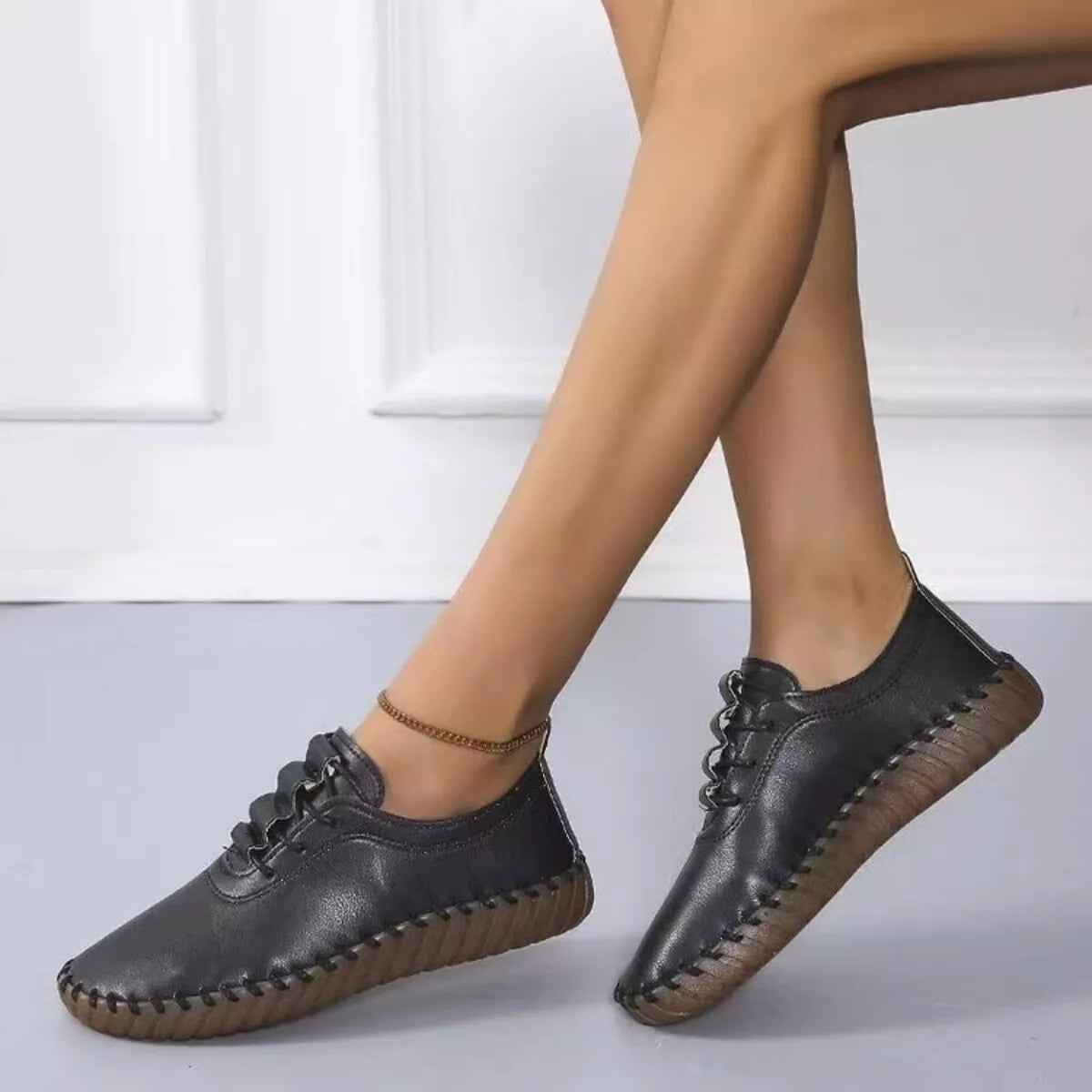 Round Toe Lace Up Sneakers - Black - View 2
