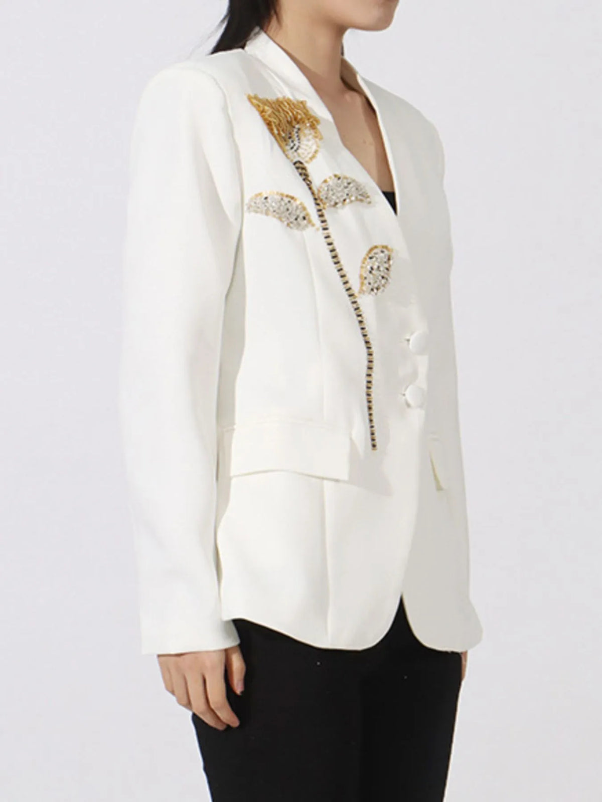Flower Button Front Long Sleeve Blazer - White - View 9
