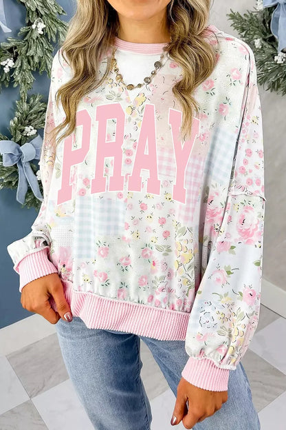 PRAY Graphic Floral Mixed Print Patchwork Top - Dusty Pink - View 3