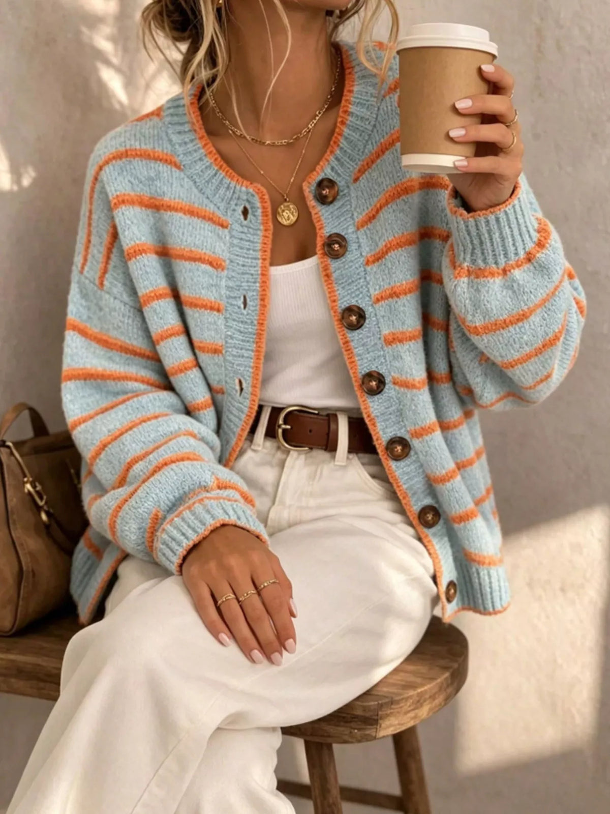 Striped Button-Down Knit Cardigan - Light Blue - View 1