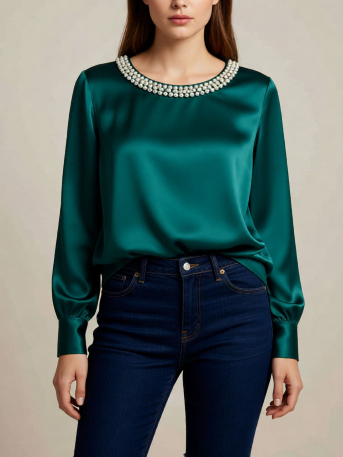 Pearl Trim Round Neck Satin Blouse - Green - View 9