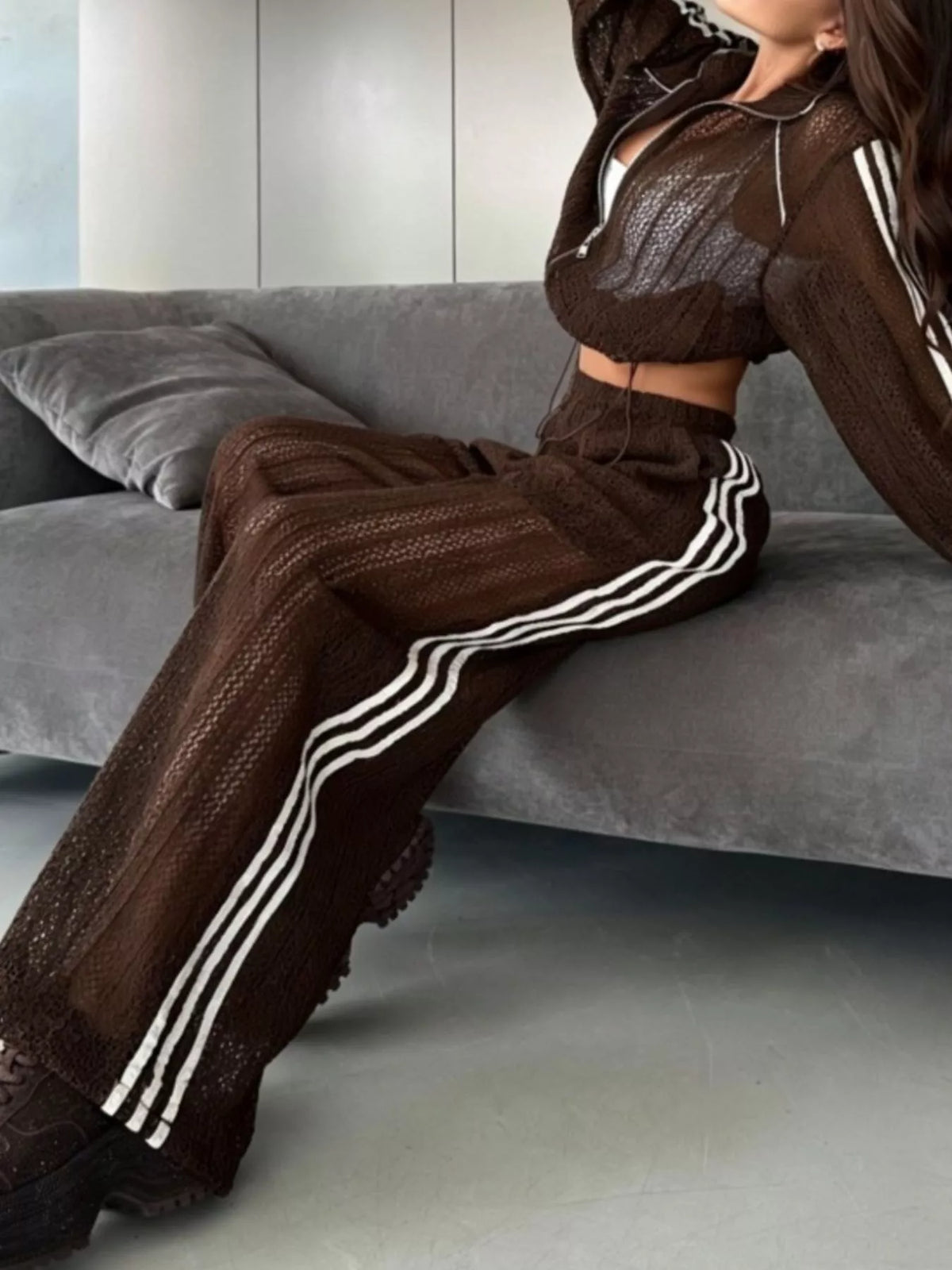 Side Stripes Zip Up Top and Pants Set - Brown - View 5