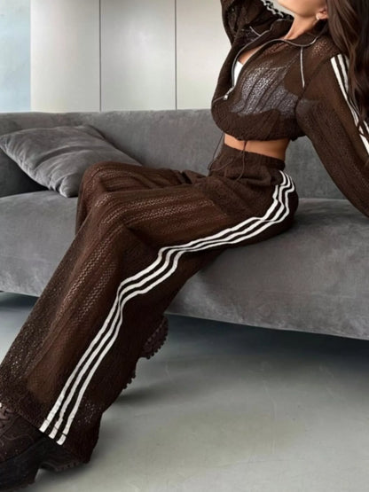 Side Stripes Zip Up Top and Pants Set - Brown - View 5