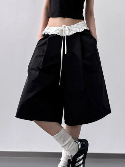 Contrast Waistband Wide-Leg Shorts - Black