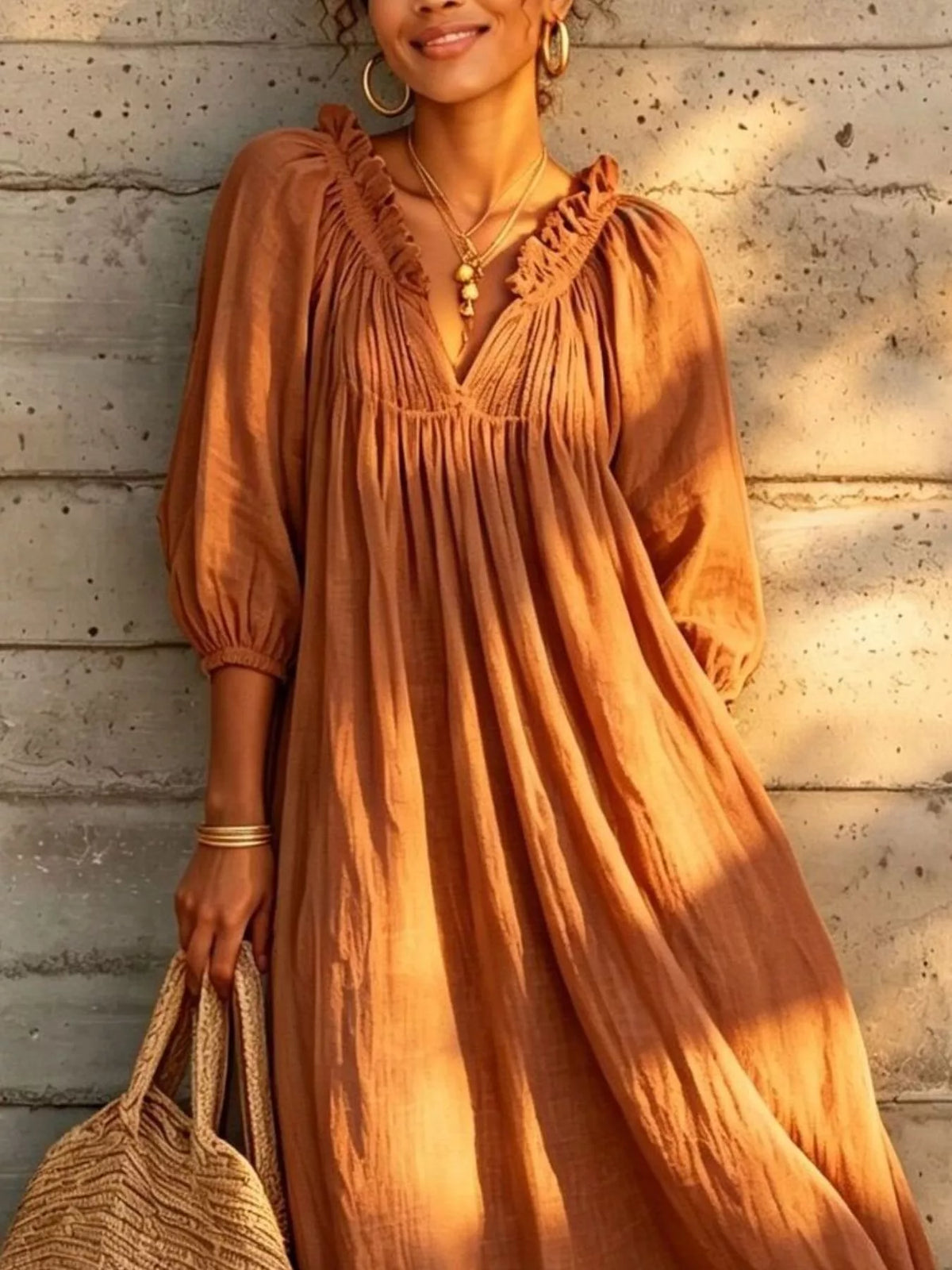 Tiered Notched 3/4 Sleeve Maxi Dress - Ochre - View 2