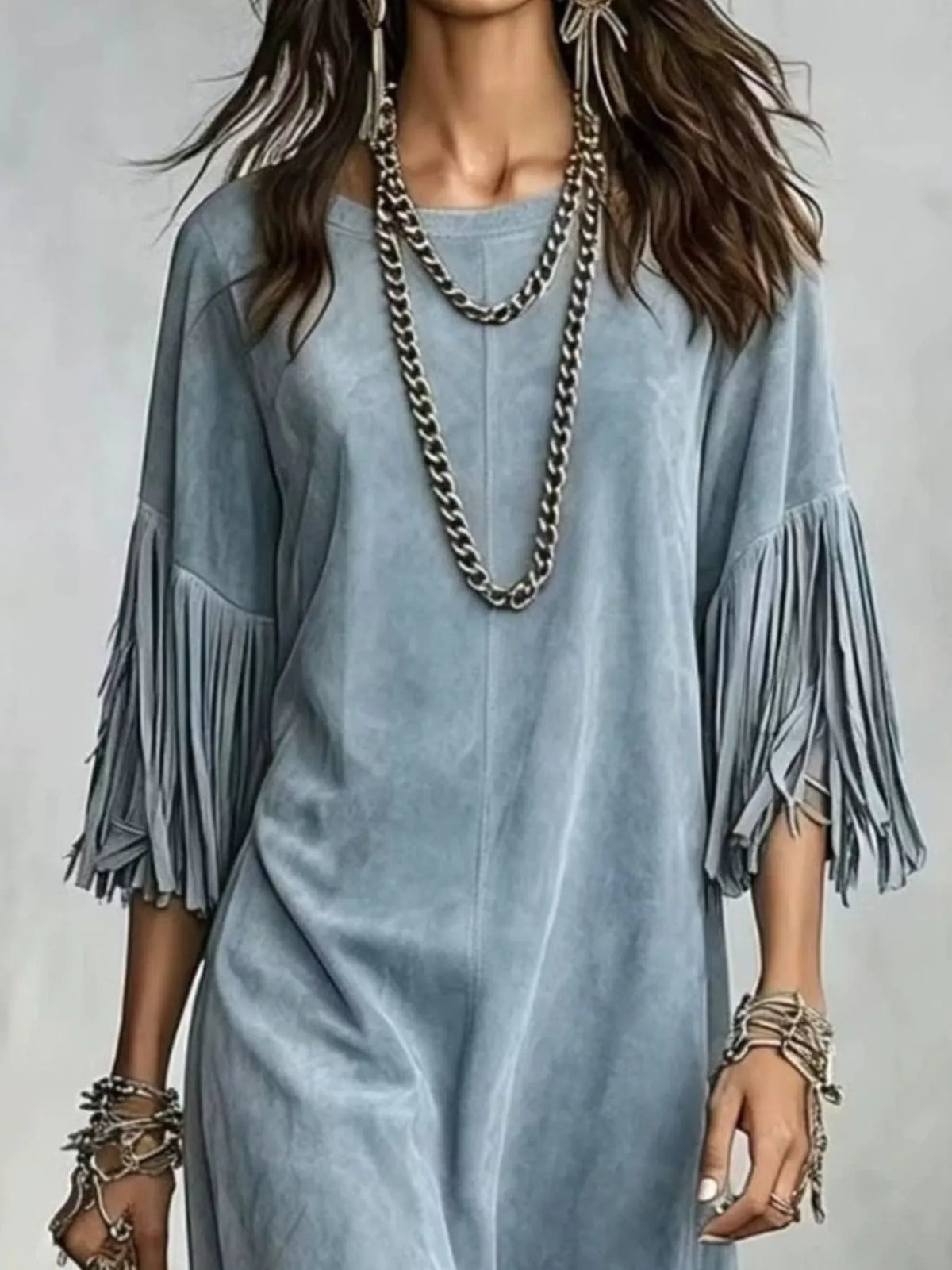 Fringed Round Neck Midi Dress - Blue - View 2