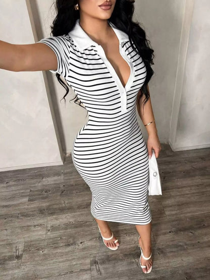 Striped Short Sleeve Bodycon Midi Dress - White - View 1