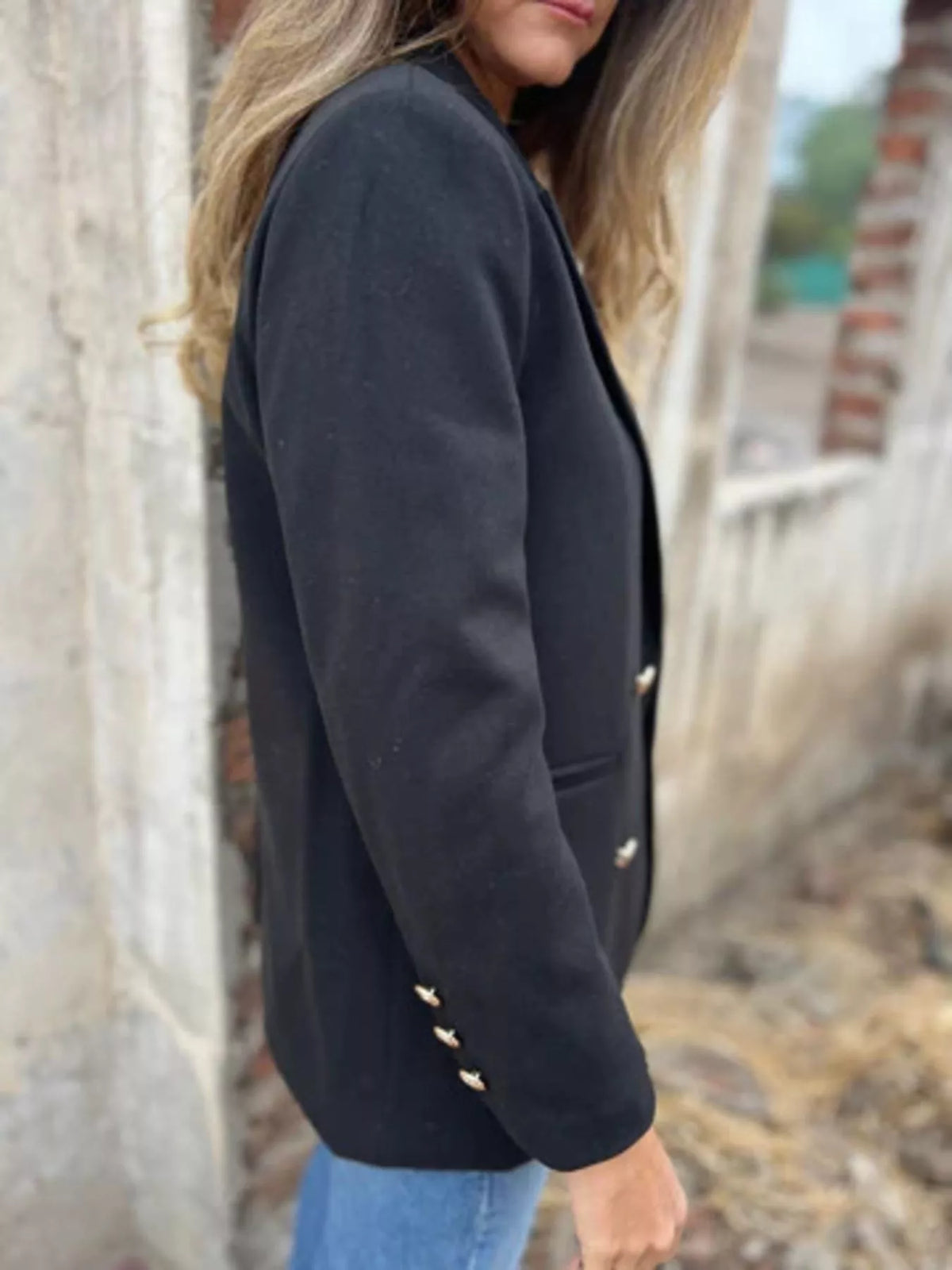 Full Size Double Breasted Long Sleeve Blazer Plus Size - Black - View 6