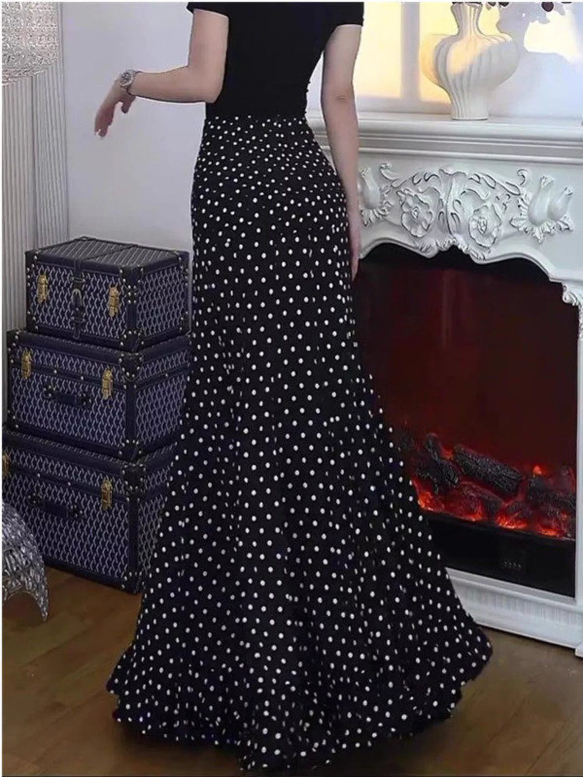 Polka Dot Mermaid Maxi Skirt - Black - View 13