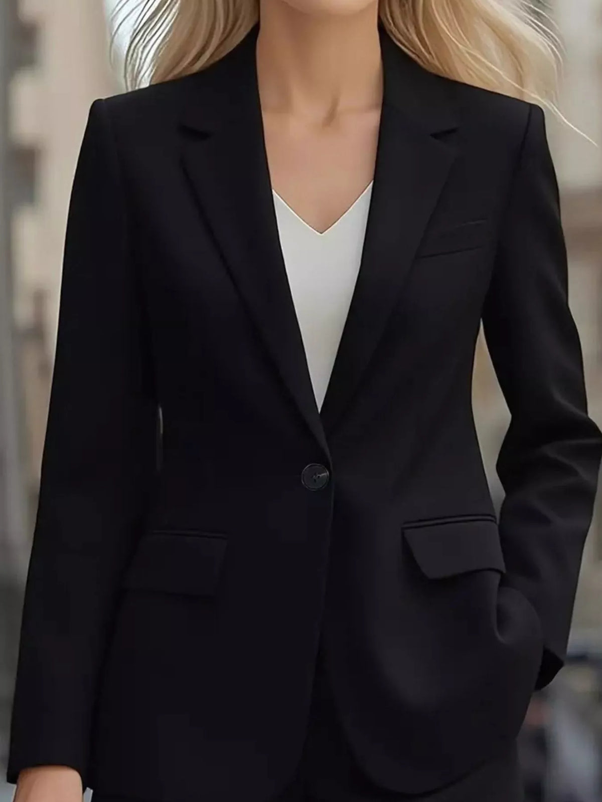 Lapel Collar One Button Blazer - Black - View 7