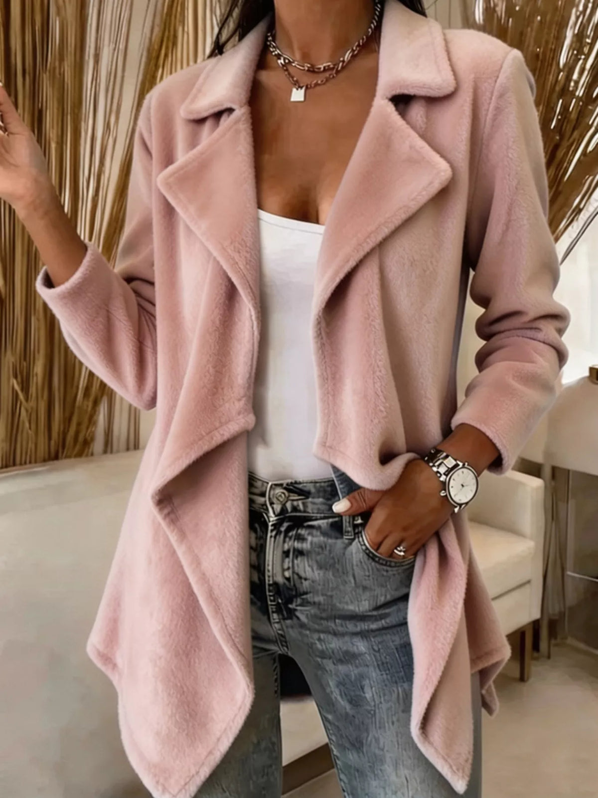 Full Size Fleece Waterfall Collar Outerwear Plus Size - Pink - View 5