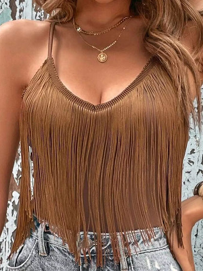 Fringe Trim V-Neck Cami - Coffee - View 4