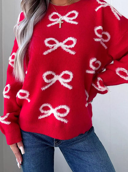 Bow Dropped Shoulder Round Neck Shift Sweater - Deep Red - View 1