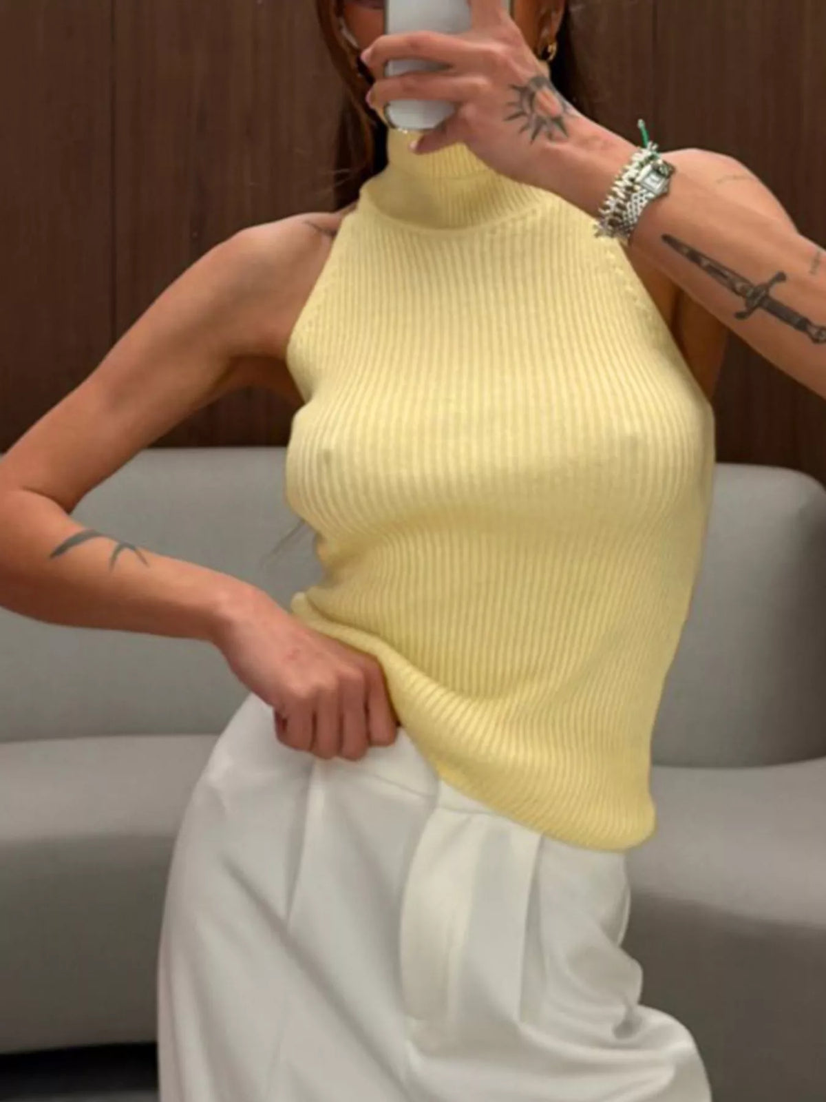 Halter Neck Sweater Tank - Pastel Yellow - View 1