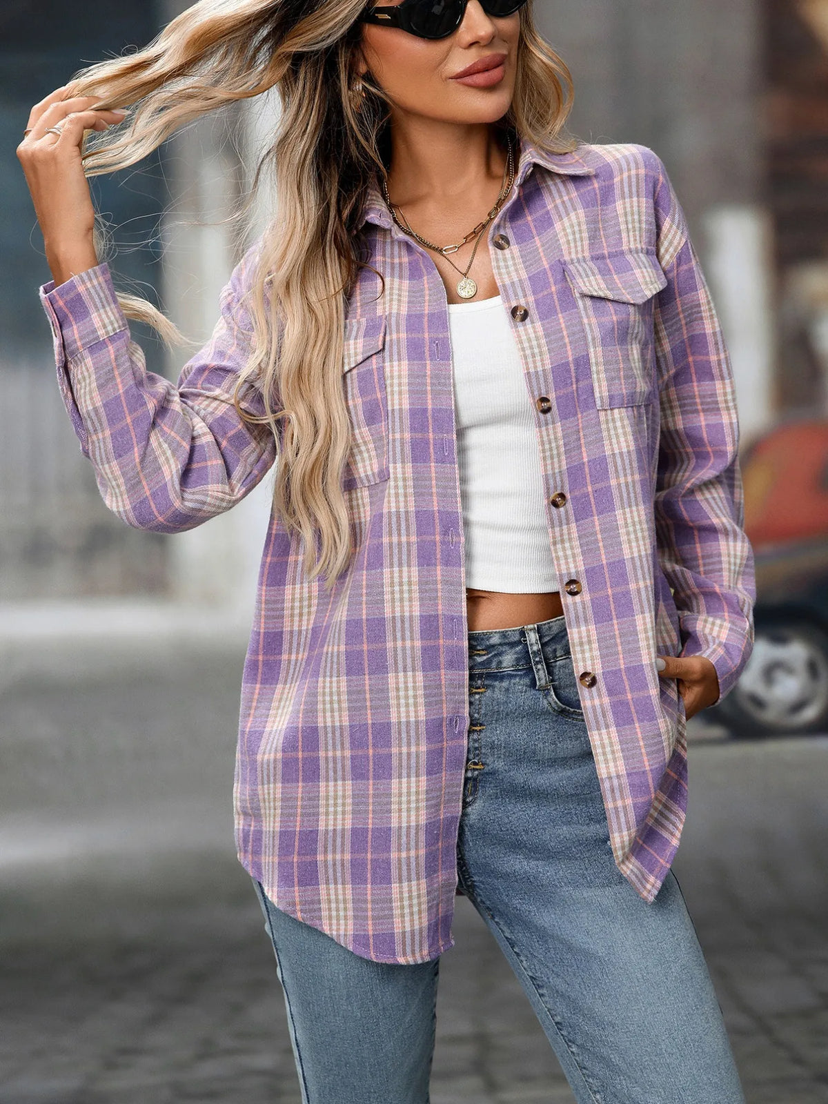 Plaid Button-Down Oversized Shirt - Purple - View 31