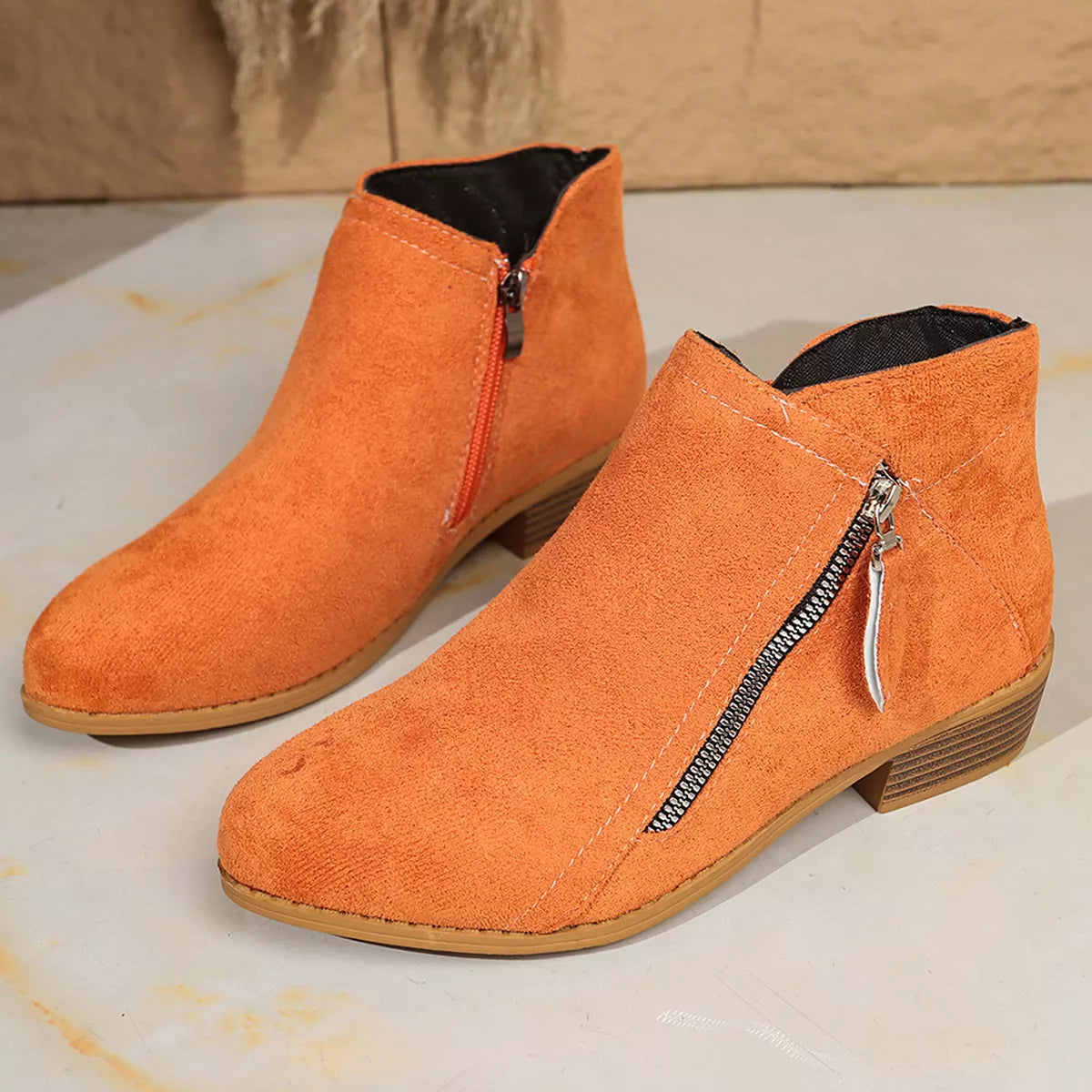 Point Toe Block Heels Boots - Orange Red - View 17