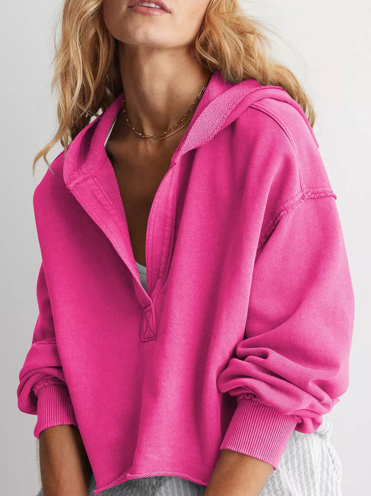 Dropped Shoulder Cropped Hoodie - Hot Pink - View 2