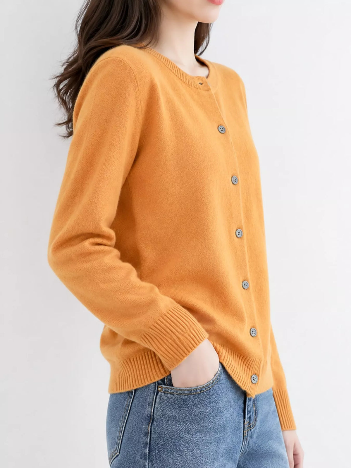 Crew-Neck Button-Down Cardigan - Mustard Yellow - View 60