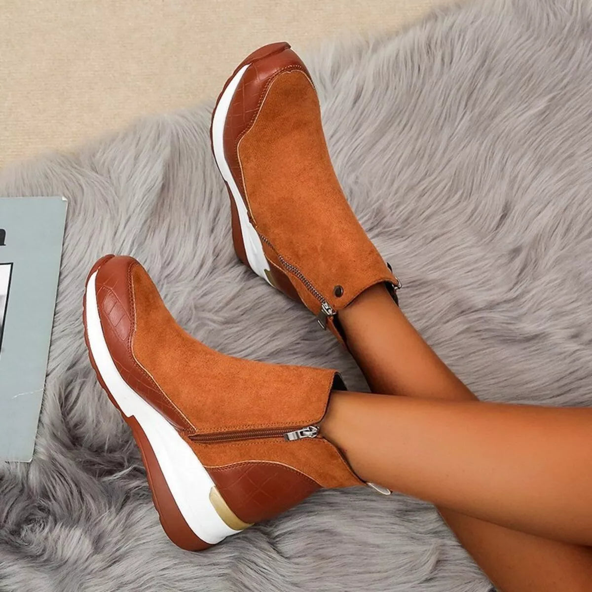 Side Zipper Ankle Boots - Brown - View 10