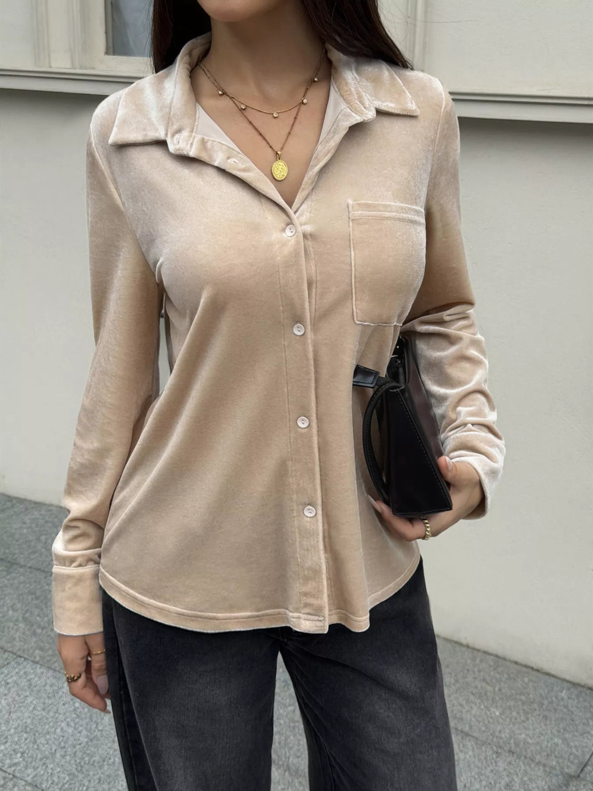 Velvet Button-Down Shirt with Chest Pocket - Khaki Color - View 1
