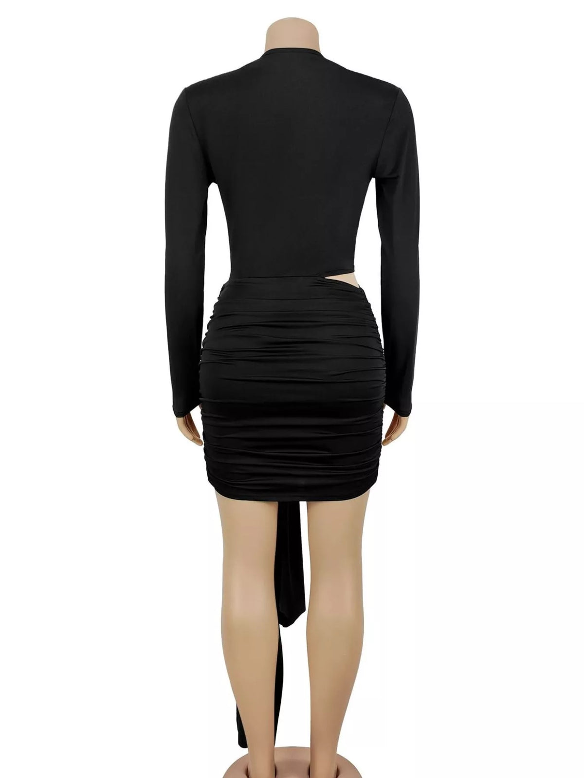Cutout Deep V-Neck Long Sleeve Ruched Bodycon Mini Dress - Black - View 5